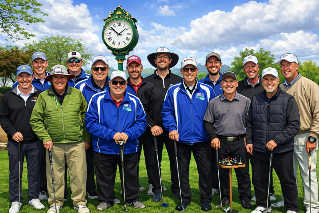 GIRISI group photo from 2025 with golfers standing together on the course near a decorative clock.