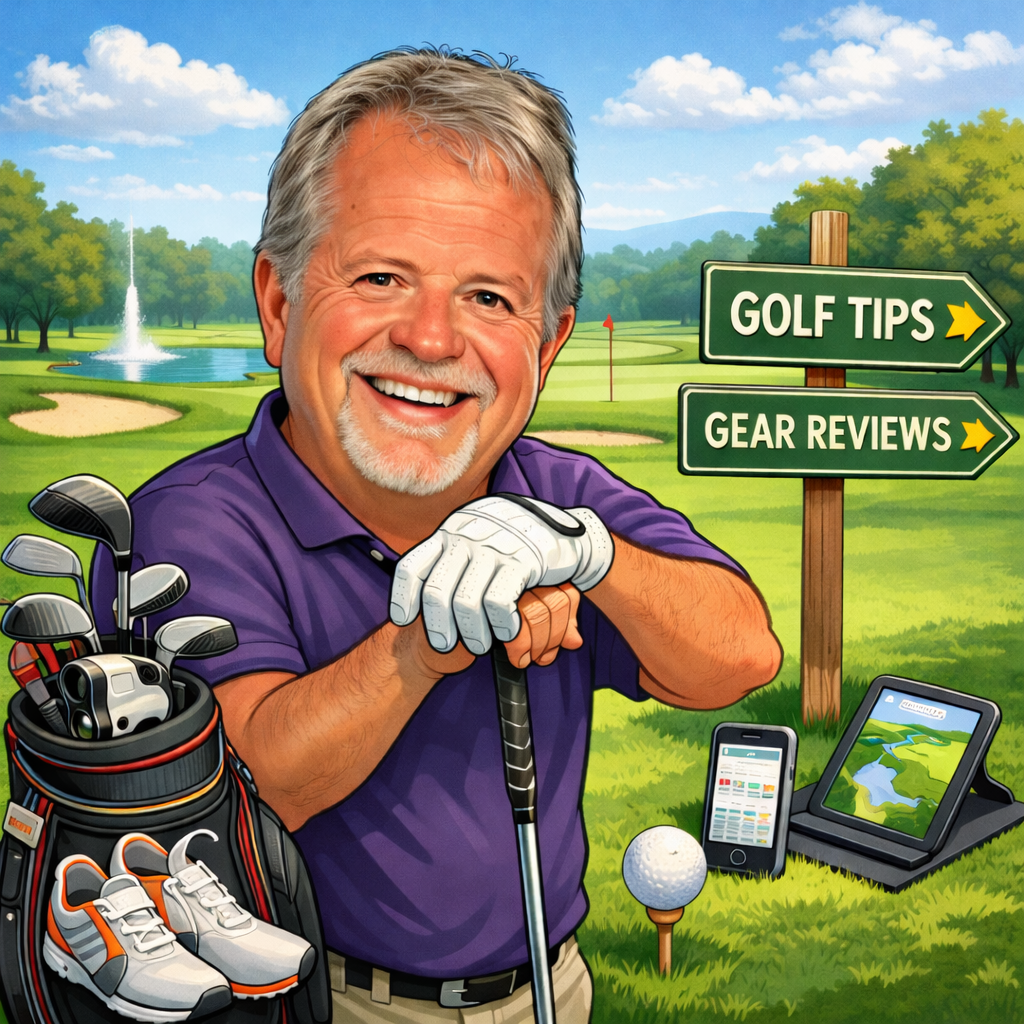Smiling golfer on the course with signs for golf tips and gear reviews.