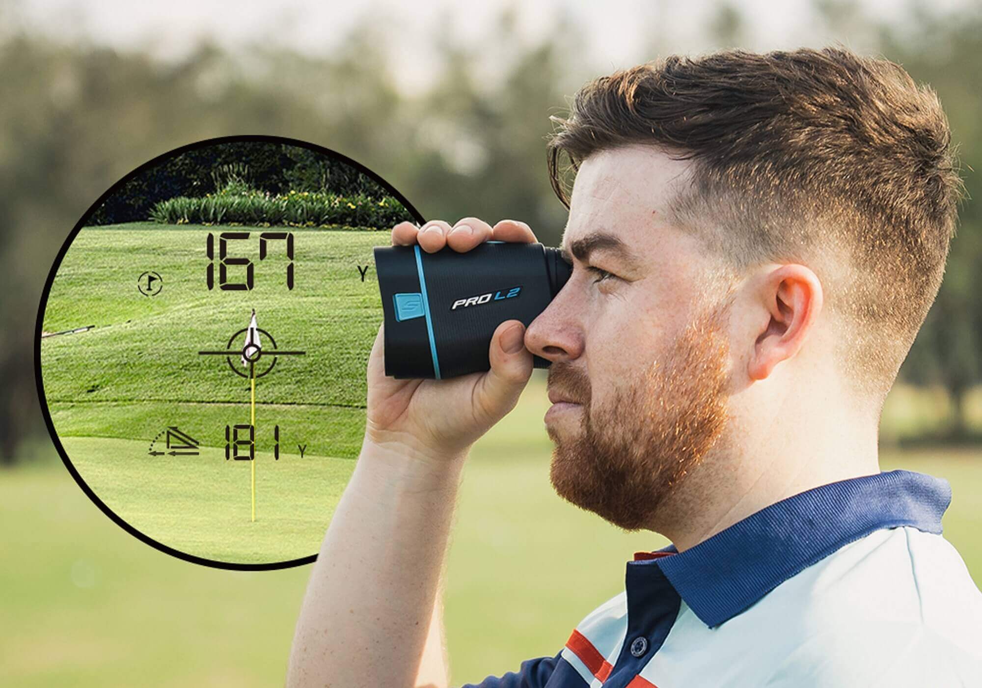 Golfer using a laser rangefinder.